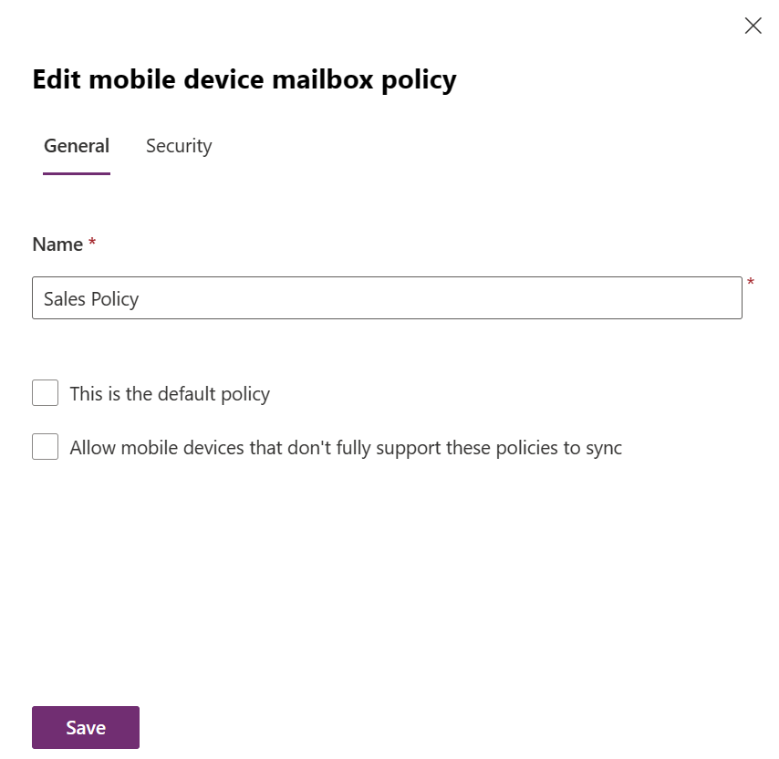 Edit mobile device mailbox policy - General tab.