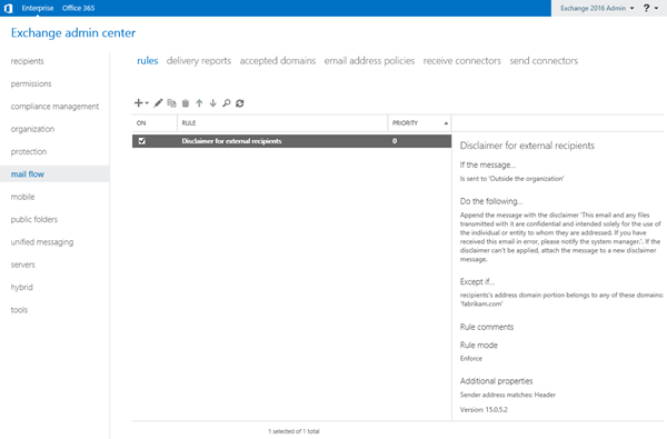 In the EAC, go to Mail flow > Rules and select a rule.