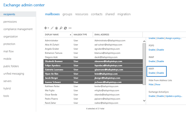 Bulk select mailboxes in the EAC to enable or disable MAPI.