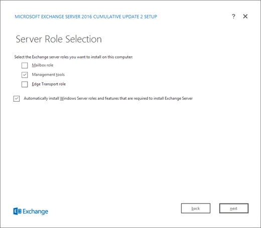 Exchange Setup, Server Role Selection page, Management tools selection.