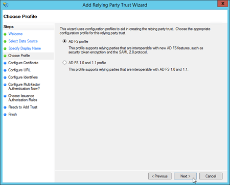 The Choose Profile page in the Add Relying Party Trust Wizard.