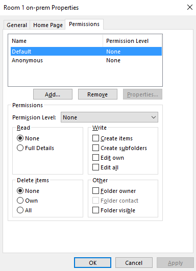 Screenshot of the Permissions tab in the Room 1 on-prem Properties window.