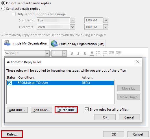 Screenshot shows steps to delete the automatic reply rule.