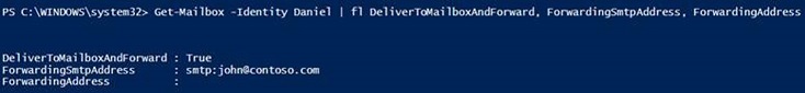 Screenshot of checking forwarding SMTP address using PowerShell.