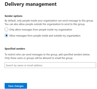 The screen on which the user chooses the option to allow internal and external members to be set as senders.