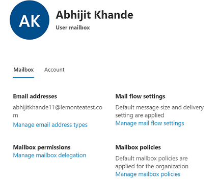 The screen displaying the properties of the chosen user mailbox.