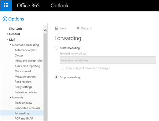 Screenshot shows the Forwarding option page with the Stop forwarding option selected.