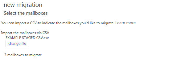 Screenshot of the Select the mailboxes page for staged migration.