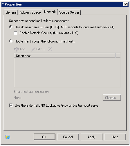 Screenshot of selecting Use the external DNS lookup settings on servers with the transport roles option.