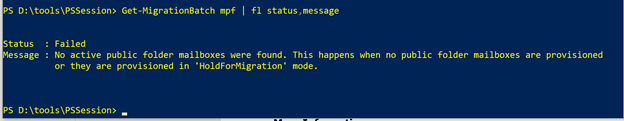 Screenshot of the Complete-MigrationBatch error message.