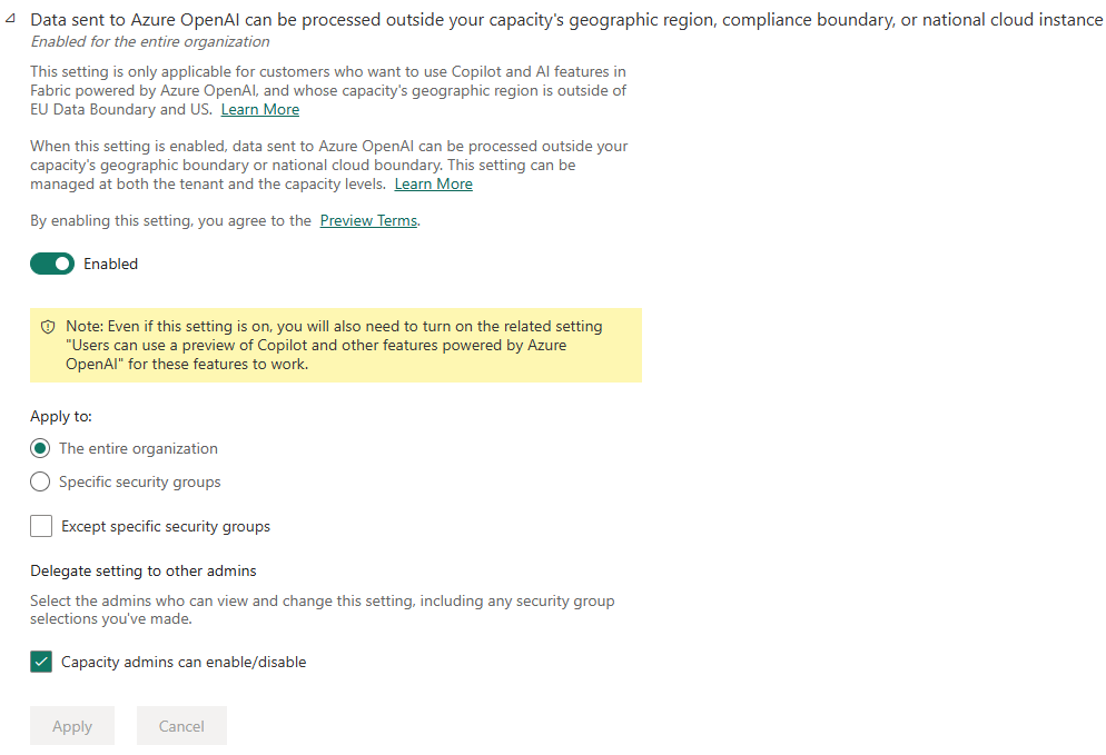 Screenshot of Copilot setting for sending data outside your tenant's geographic region, compliance boundary, or national cloud instance.