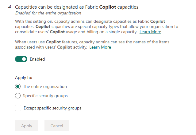 Screenshot of Fabric Copilot Capacity setting in the admin portal.