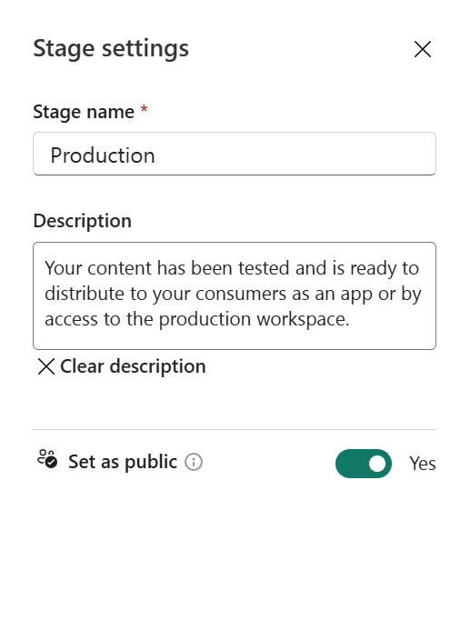 Screenshot of the stage settings with the make this stage public toggle set to yes.