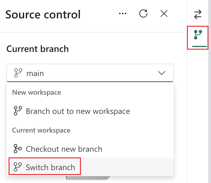 Screenshot of source control check out a new branch option.