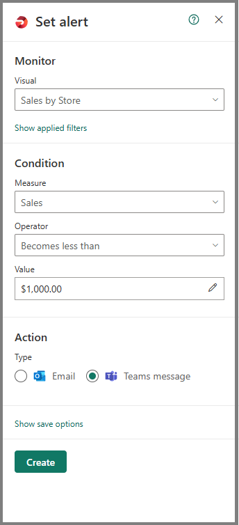 Screenshot of create an alert window showing daily sales rule.