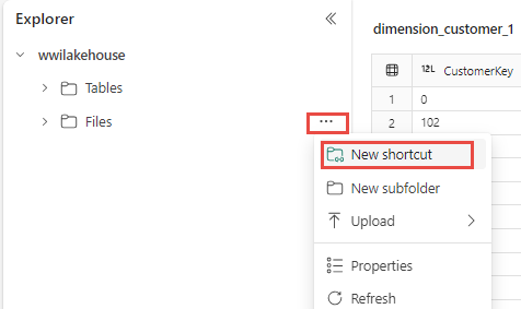 Screenshot showing how to create a shortcut for a table or file from the lakehouse explorer.