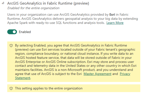 Screenshot showing how to enable ArcGIS geo analytics from tenant settings.