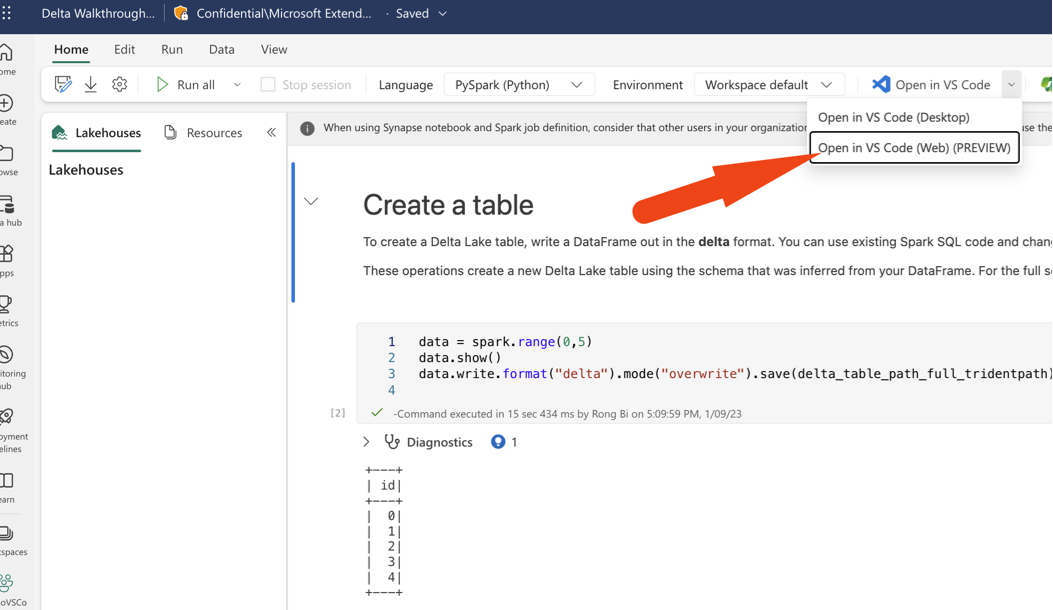 Screenshot showing how to open notebook in VS Code for the Web.