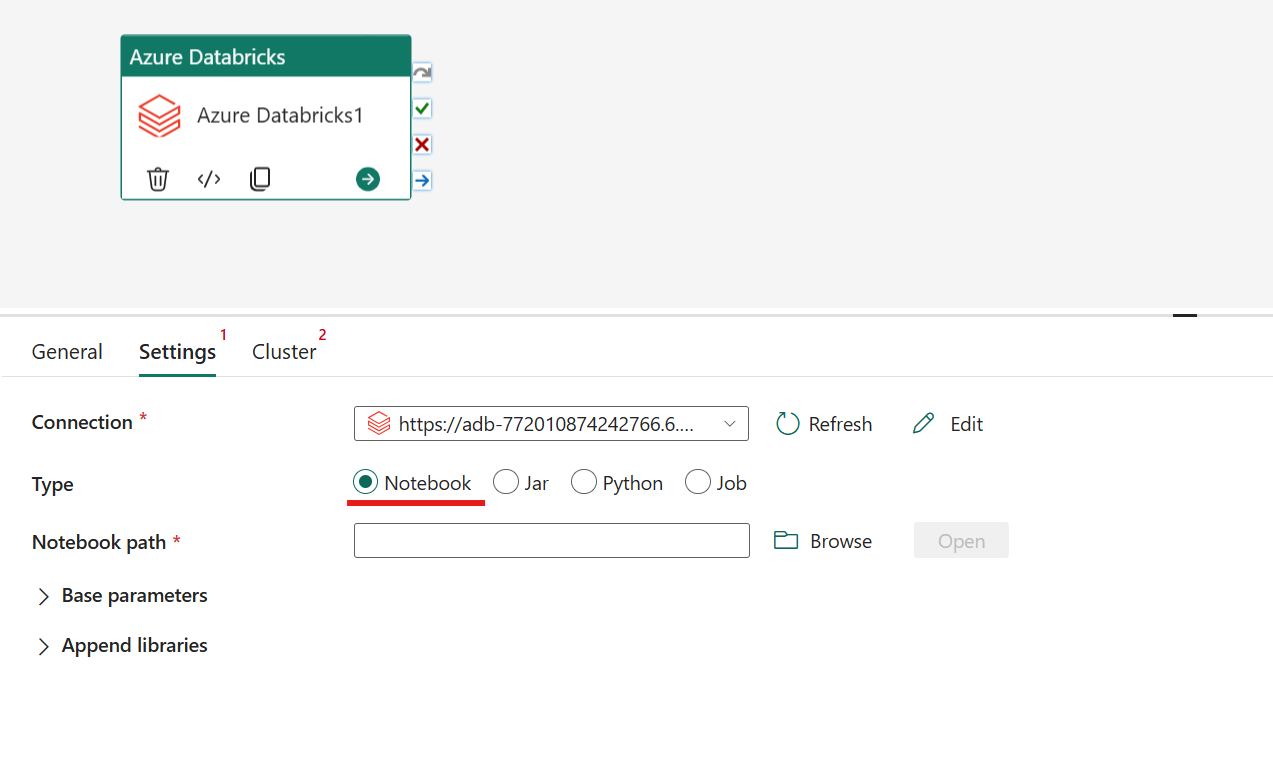 Screenshot showing the Notebooks type of the Azure Databricks activity.