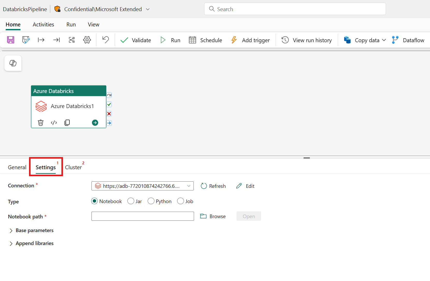 Screenshot showing the Settings tab of the Azure Databricks activity.