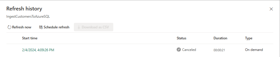 Screenshot showing the dataflows refresh history view for a canceled dataflow refresh.