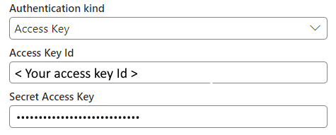 Screenshot showing the access key authentication kind for Amazon S3.