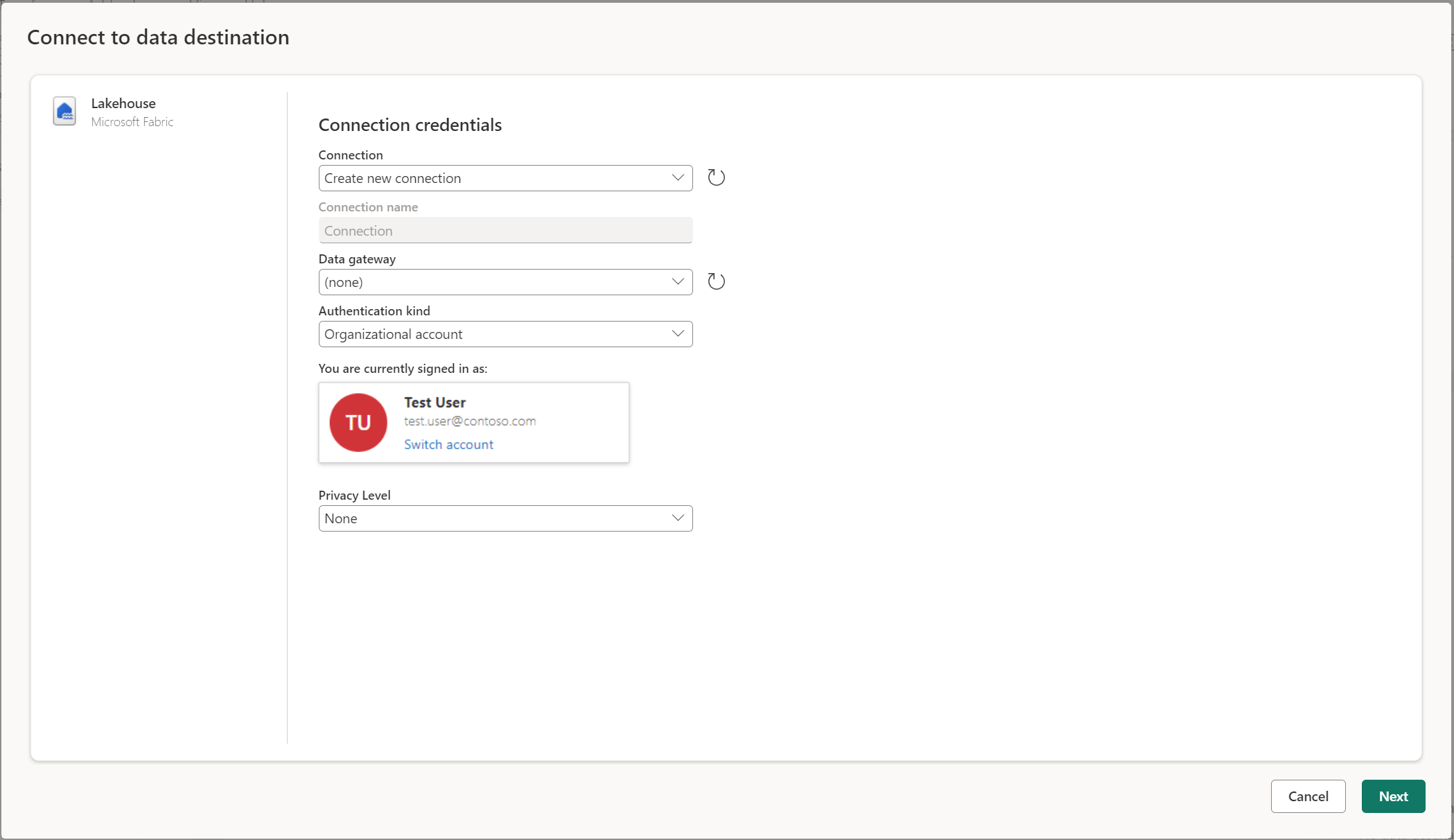 Screenshot of the Connect to data destination window for a Lakehouse destination.