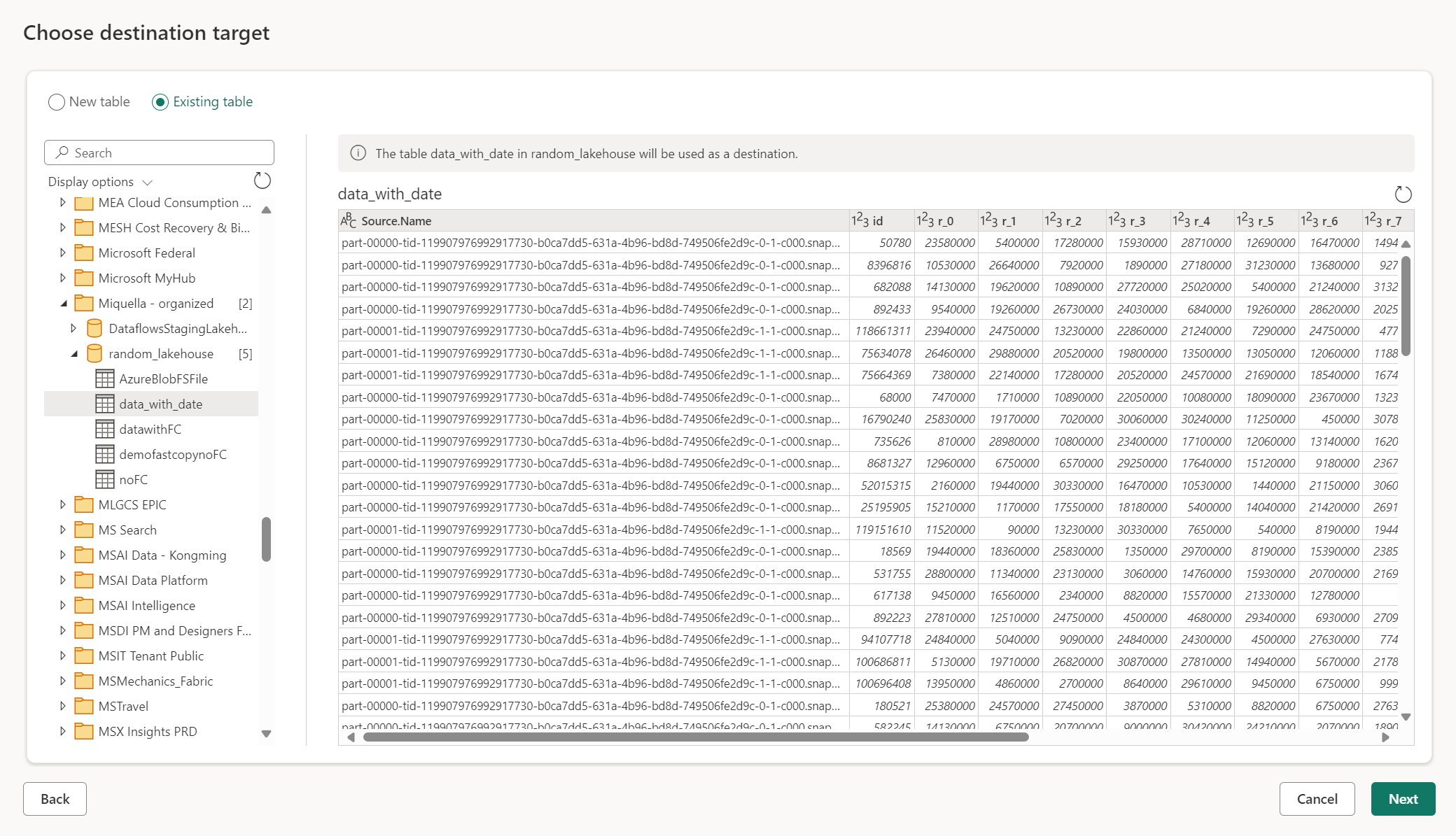 Screenshot of the Choose destination target window with the Existing table button selected.