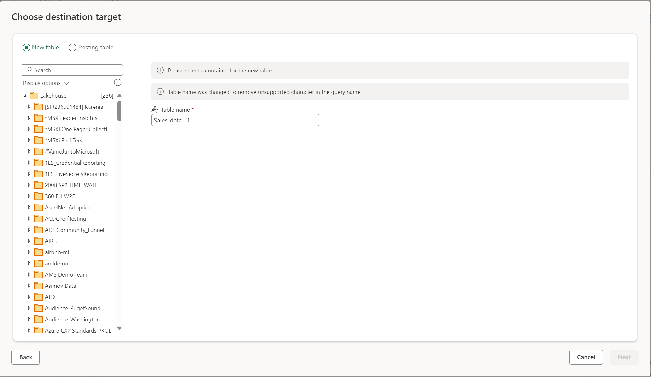 Screenshot of the Choose destination target window with the New table button selected.