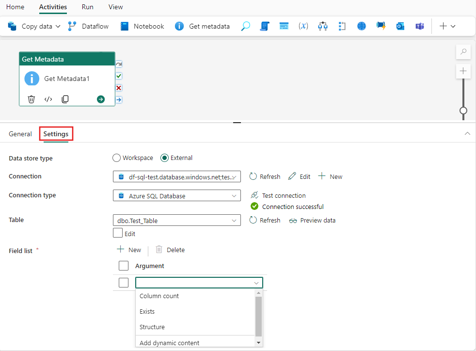 Screenshot showing the Lookup activity settings tab highlighting the tab, and where to choose a new connection.