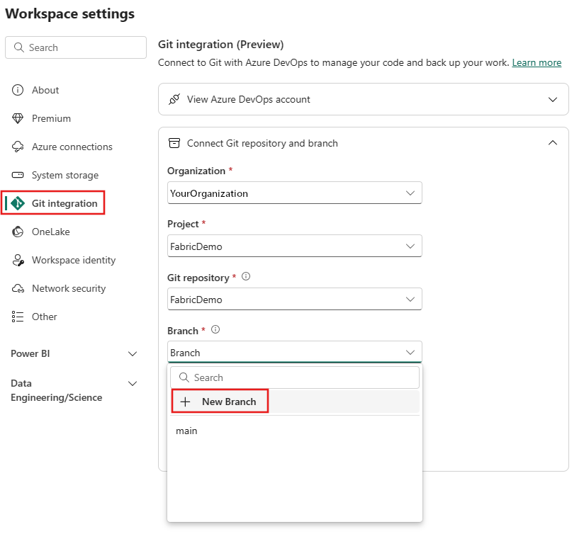 Screenshot showing where to select the Git integration tab and + New Branch button on the Workspace settings dialog.