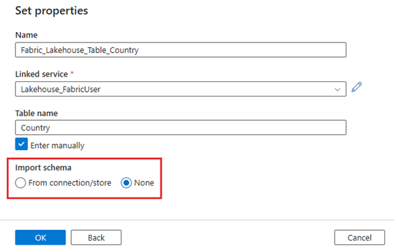 Screenshot showing the dataset Set properties dialog with the Import schema option set to None.