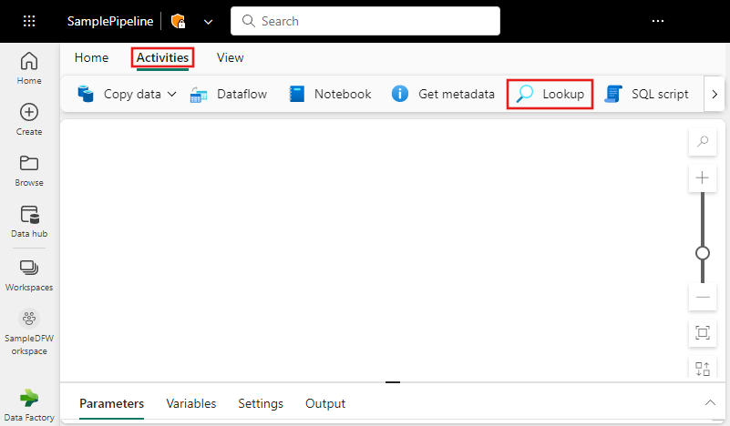 Screenshot of the Fabric UI with the Activities pane and Lookup activity highlighted.