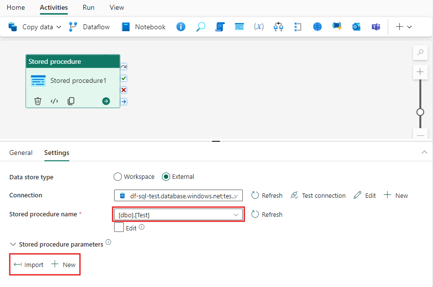 Screenshot showing where to select the stored procedure to execute and optionally configure its parameters.