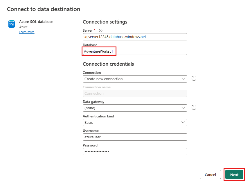 Screenshot showing the Connect to data destination dialog with sample values populated.