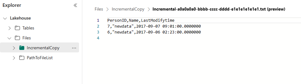 Screenshot showing lakehouse data preview for the second pipeline run.