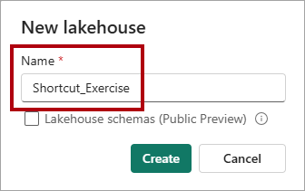 Screenshot of the New lakehouse window, highlighting the entered name.