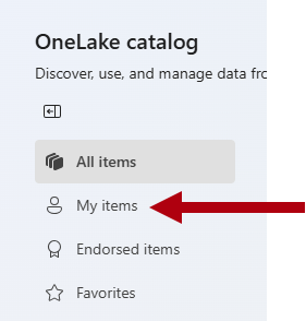 Screenshot of the OneLake catalog landing page, highlighting the My items filter option.