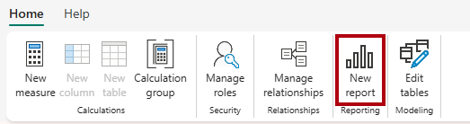 Screenshot of the model designer Home ribbon, highlighting the New report option.