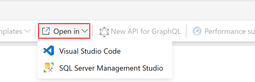 Screenshot from the Fabric portal query editor showing the Open in button for easy connections with SSMS or the mssql extension in VS Code.