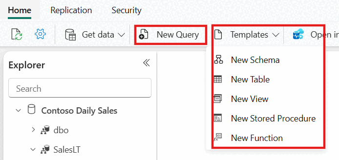 Screenshot from the Fabric portal of the SQL query editor and templates.