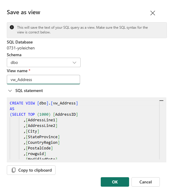 Screenshot from the Fabric portal of the SQL query editor of the Save as View feature window.