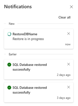 Screenshot of the Notifications tab of the Fabric portal, showing database restore progress.