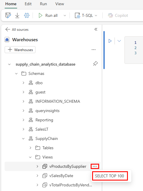 Screenshot shows how to drill down to vProductsBySupplier and SELECT TOP 100.