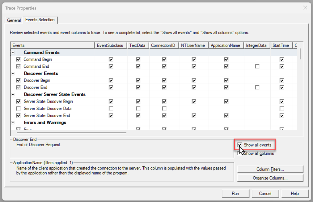 Screenshot of Events selection - Show all events checkbox.