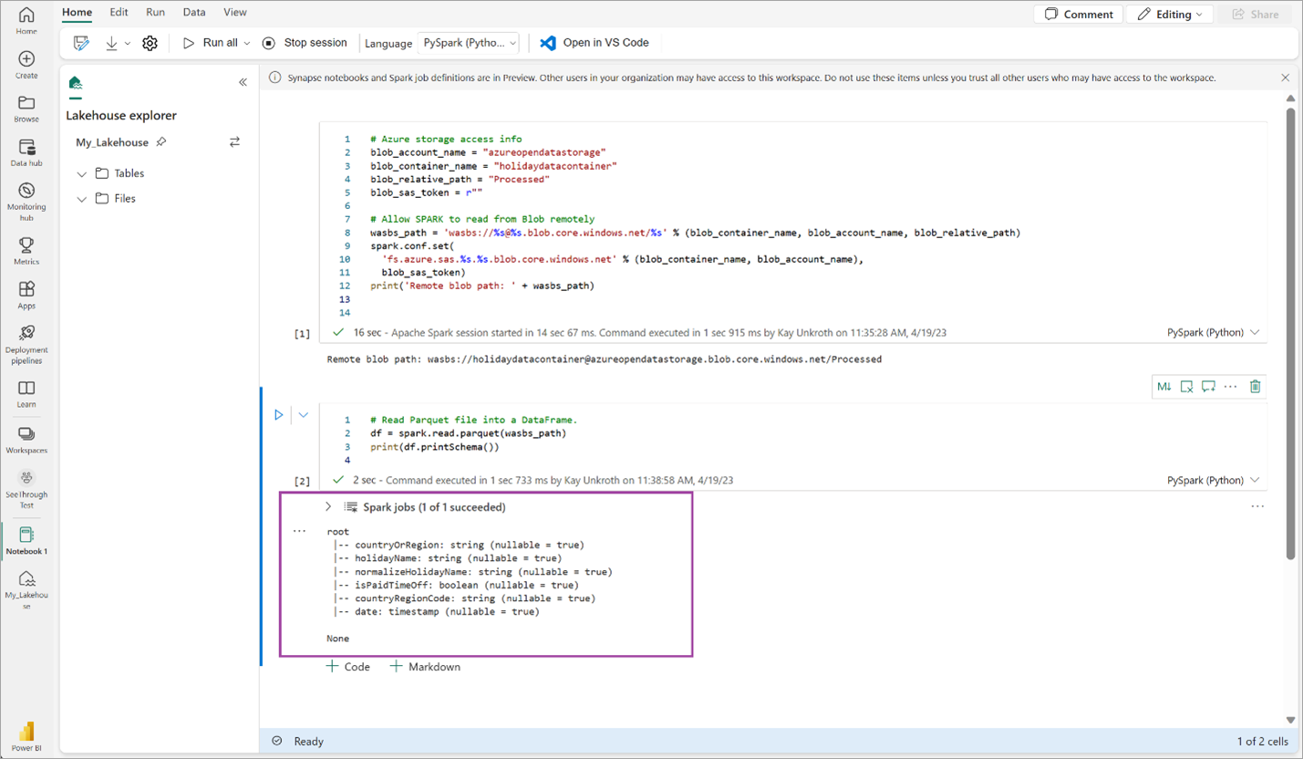 Screenshot showing dataframe schema output.