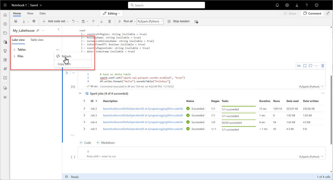 Screenshot showing the Refresh command near the Tables node.