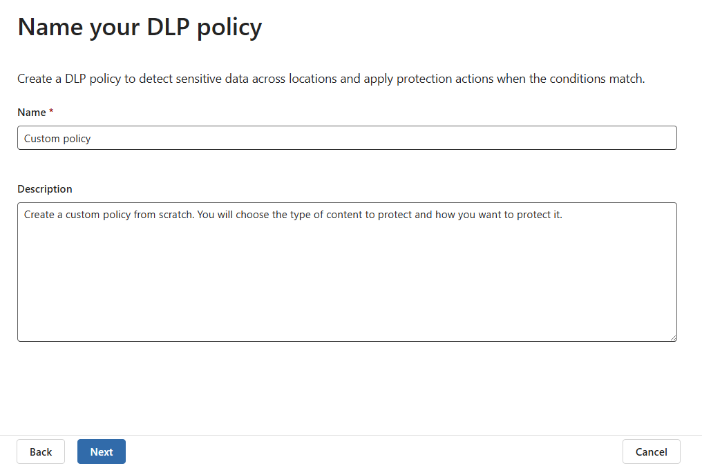 Screenshot of D L P policy name description section.