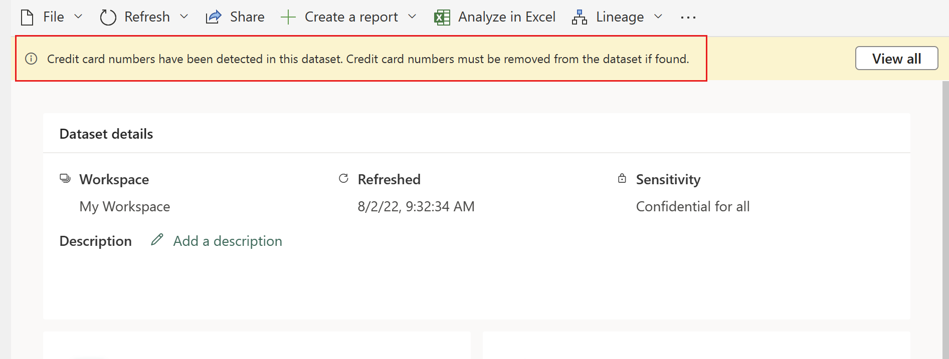 Screenshot of policy tip on semantic model details page.