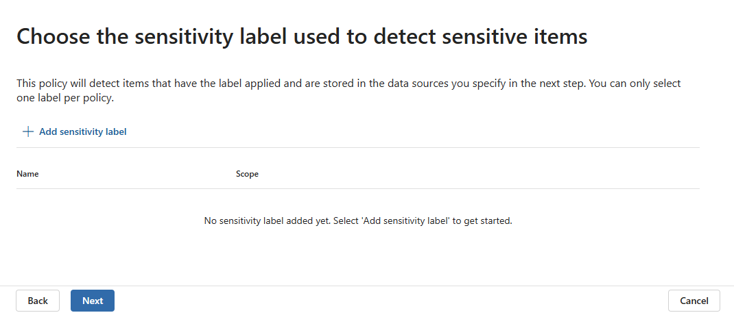 Screenshot of choose sensitivity label page in protection policy configuration.